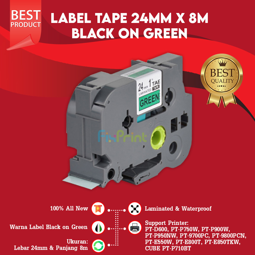 

Label Tape 24mm Black On Green TZe-751 TZE-751 Laminated Casette Compatible