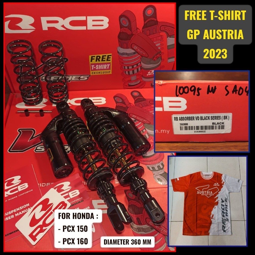 SHOCK BELAKANG PCX150/PCX160 TABUNG ATAS RCB VD SERIES 360MM BLACK PREMIUM FREE BAJU GP AUSTRIA - RA