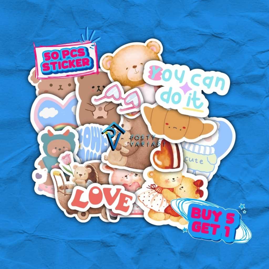 

50 Pcs Stiker Aesthetic Cute Bear Beruang Lucu Untuk Case HP Laptop Helm Anti Air Sudah Cutting