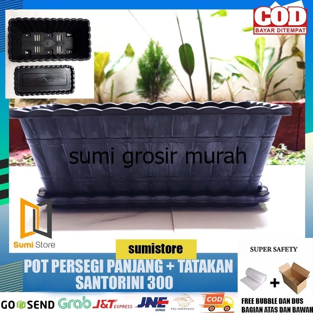 Pot Persegi Panjang Hitam + Tatakan Santorini 30 cm