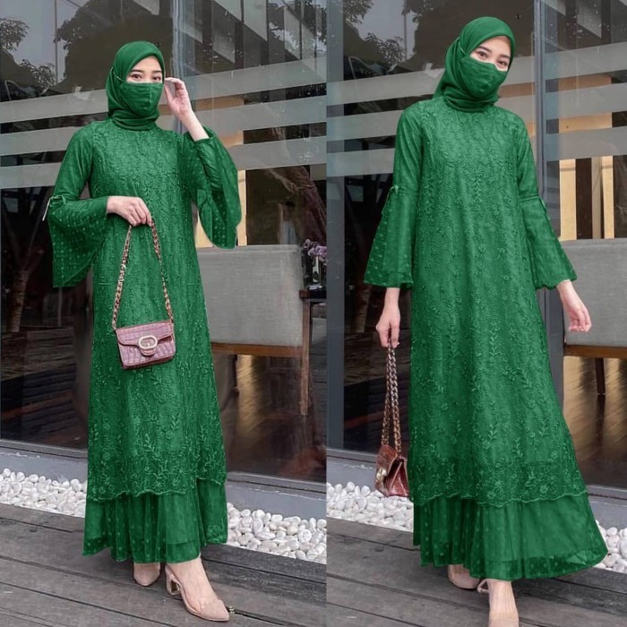 gamis pesta dress M galuh hijau botol maxi baju muslim