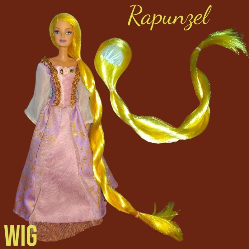 wig barbie rambut palsu boneka barbie 40 cm , wig boneka barbie Rapunzel warna kuning panjang 40 cm 