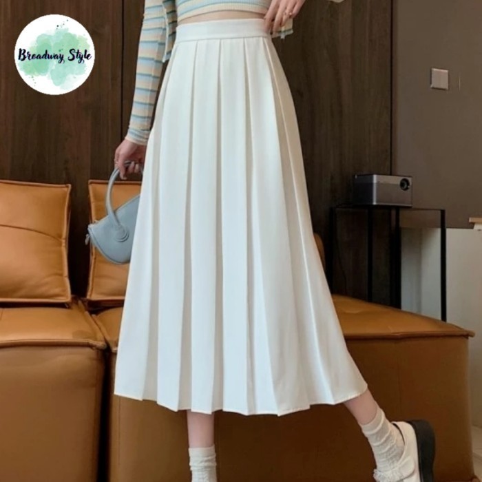 Koleksi Terbaru Rok Midi Wanita Panjang Plated Rimple School Style Korea - Putih