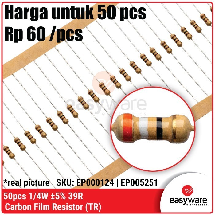 DS99 50pcs Resistor 39 Ohm 1/4W 5% Carbon Resistor 39R 0.25W 0.25 Watt Resistor 5%