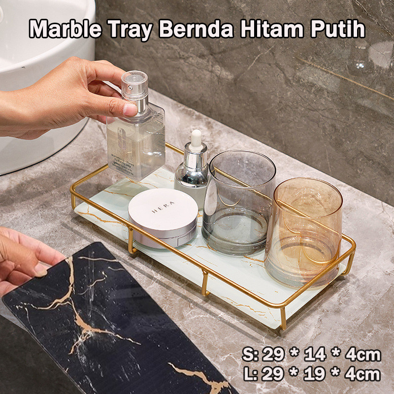 Marble Tray Bernda Hitam Putih/Pajangan Dekorasi Nampan Alat Kamar Mandi/Rak Penyimpanan Kosmetik Ke