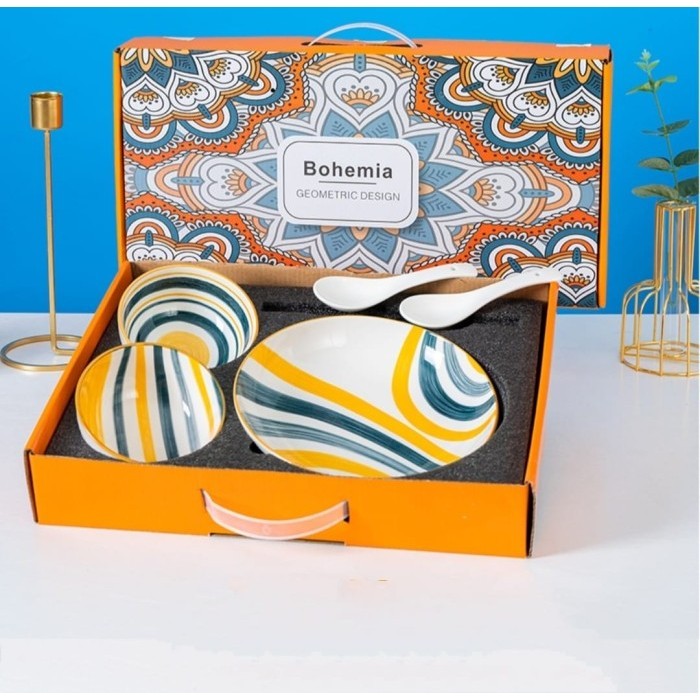 ✨LARIS✨ -Piring Mangkok Set Motif Bohemia - Dinner Set Gift Box Plate and Bowls