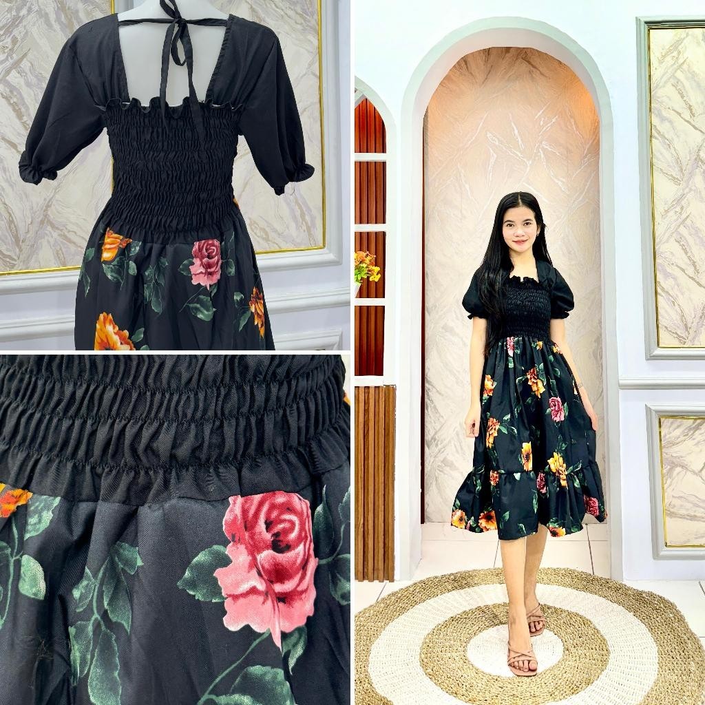 Tq88indonesia  Baju Dress Wanita Kekinian / JIWON DRESS COMBINASI Motif Bunga / Dress Casual Terbaru