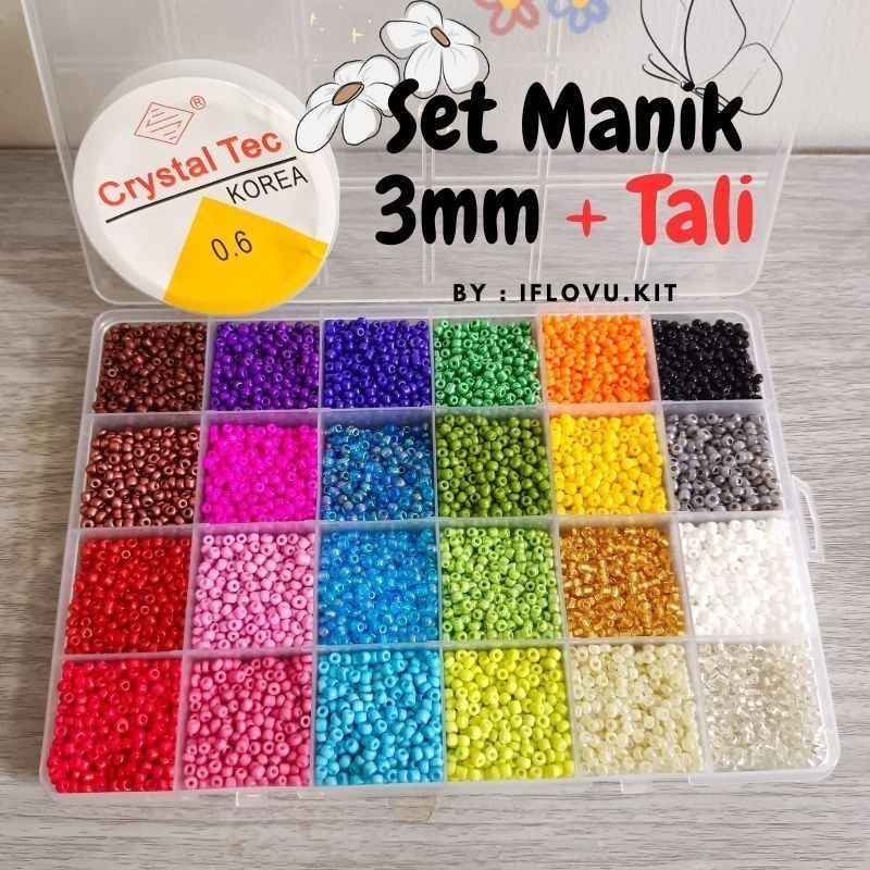 Manik Manik Set Box Free tali Senar Elastis | Set Manik Manik Pasir Lengkap 24 Warna DIY Meronce Cin