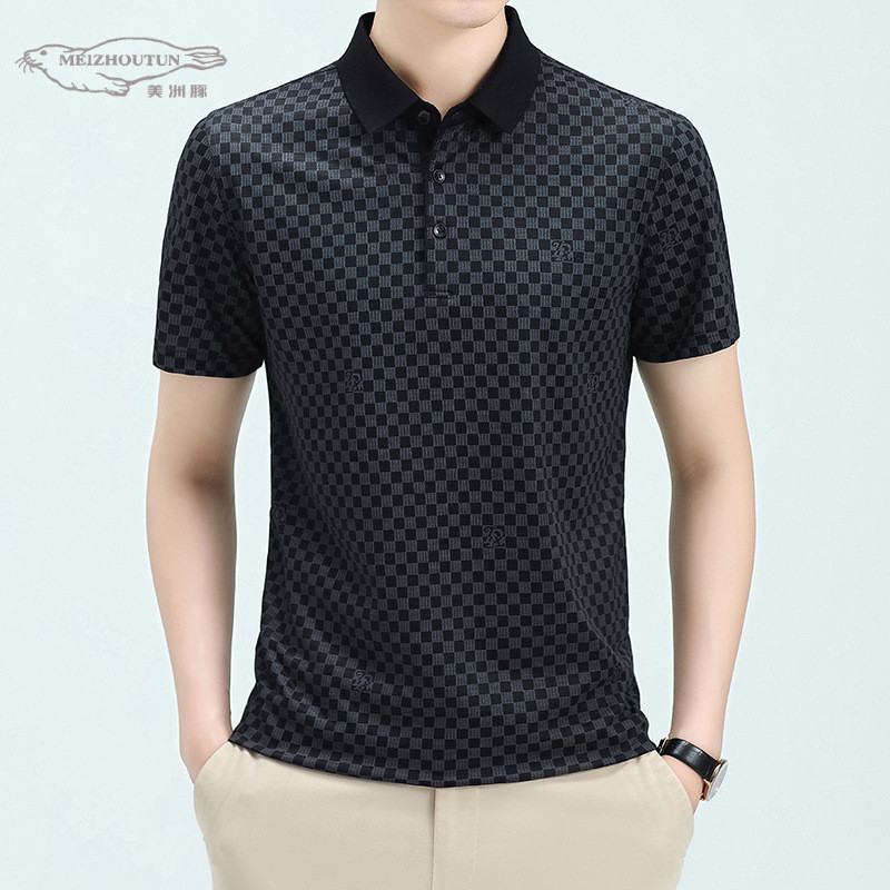 Kaos Polos Kemeja Polo T-Shirt Kotak-kotak Lengan Pendek Bisnis Kasual Pria