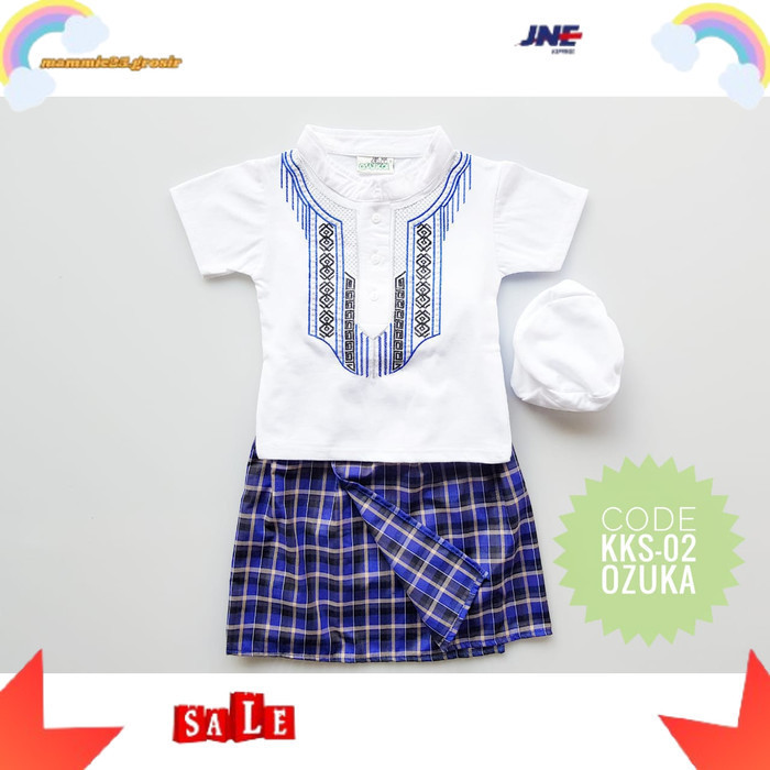 PROMO-Sarung Instan Koko Free Peci Baju Anak Bayi Muslim Besar 1-2 Tahun - Biru Muda