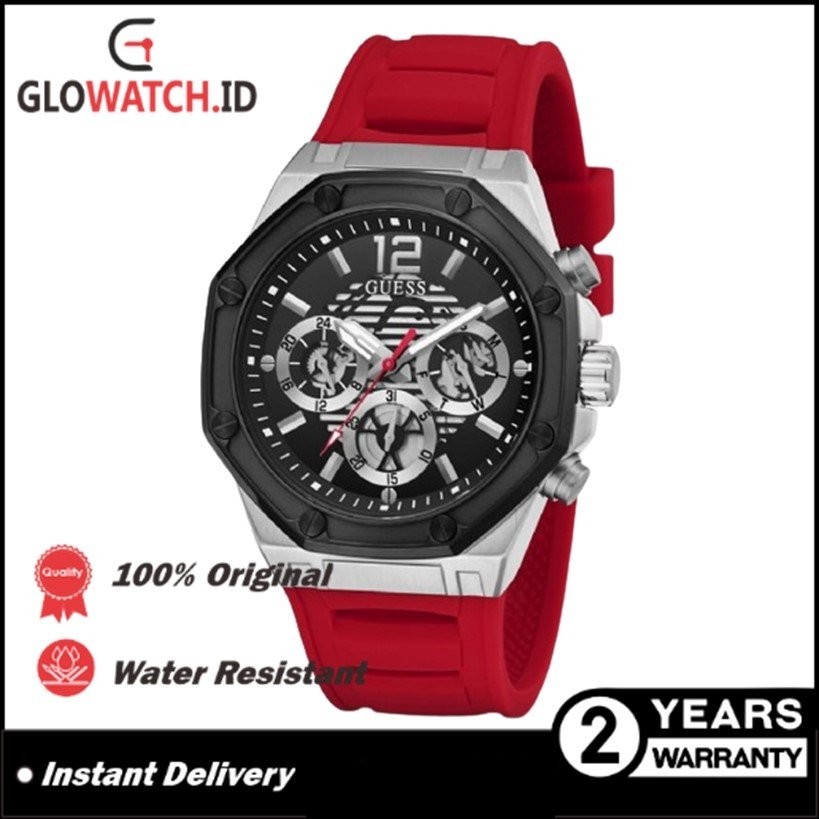[Promo] Jam Tangan Pria Guess GW0263G3 Momentum Silver Tone Multi-Function Red Silicone Original (Ga