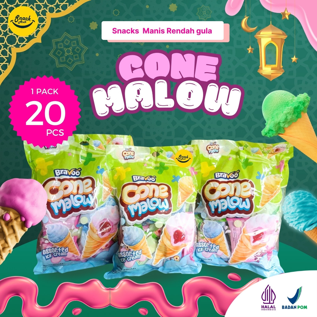 

20 PCS BRAVO CONE MALLOW Makanan Manis Bentuk Eskrim Cone Warna Warni