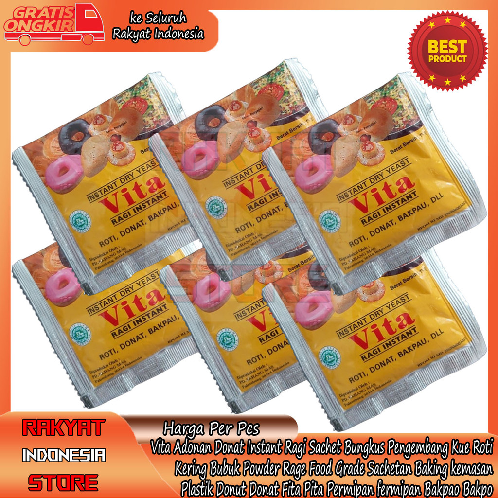 

Vita Rage Food Grade Instant Ragi Sachet Bungkus Pengembang Adonan Donat Fermentasi Kue Roti Instan Kering Bubuk Powder Sachetan Baking Kemasan Plastik Pelastik Donut Fita Pita Fermipan Permipan INI Permifan Bakpao Pelembut