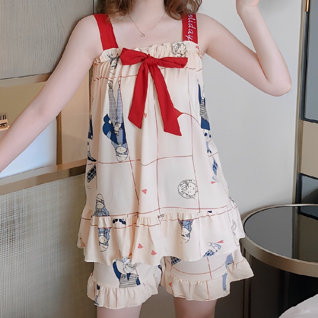 Forever_Baju Tidur Wanita Piyama Baby Doll Setelan Perempuan Dewasa Tanpa Lengan Celana Pendek