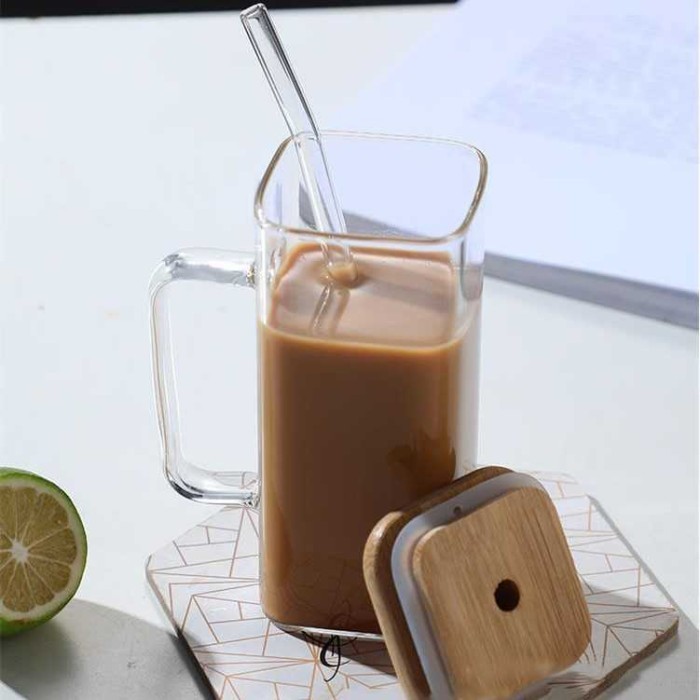 Gelas Kaca Unik Kotak Polos Besar Aesthetic Dengan Tutup Sedotan 350ml - Nasfi Store