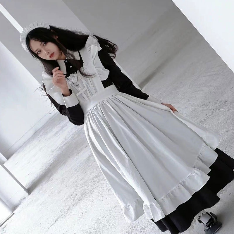 Maid Outfit Cosplay Restaurant Cafe Overalls Long Dress Black and White Maid Outfit Cos Conjunto Lol