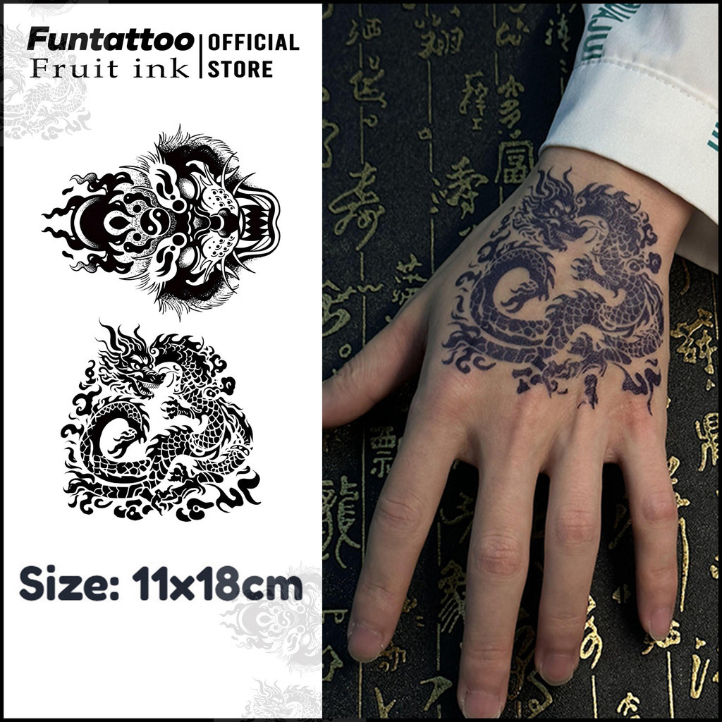 Funtattoo - Tato Fruit Ink Singa Api & Naga Lama 15 hari anti air 11*18cm - Tato Temporer Semi Perma
