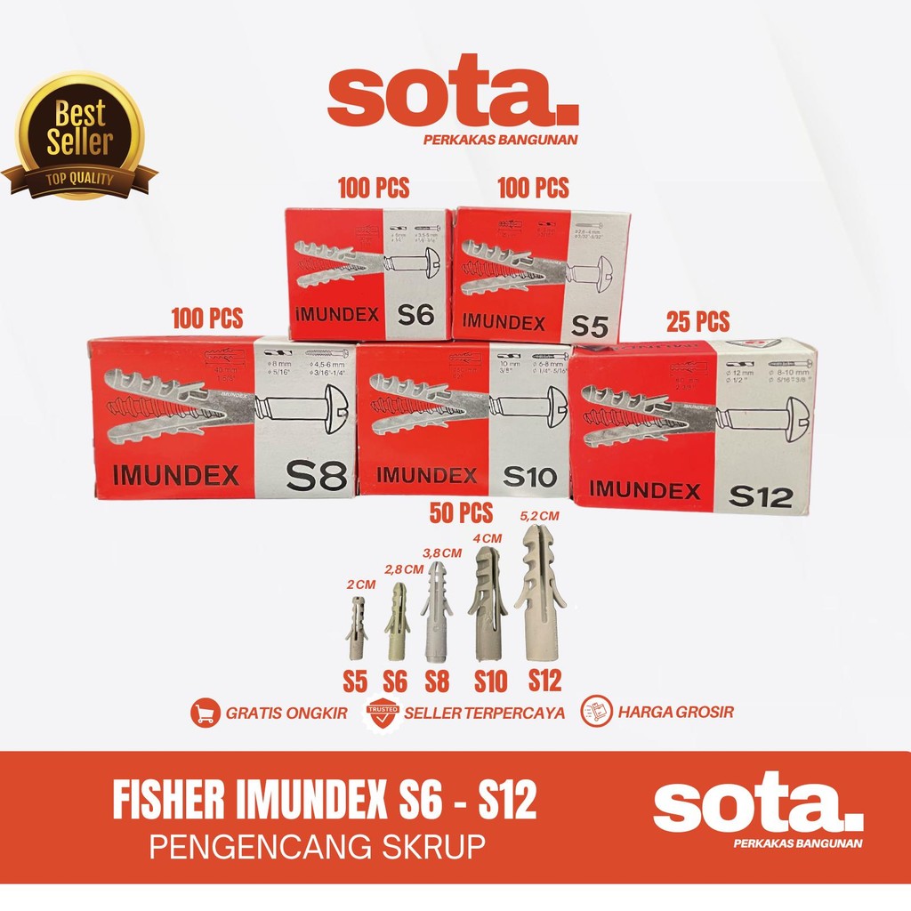 SOTA Fisher Imundex / Ukuran S5, S6, S8, S10, S12 / Pengencang Skrup Untuk Tembok