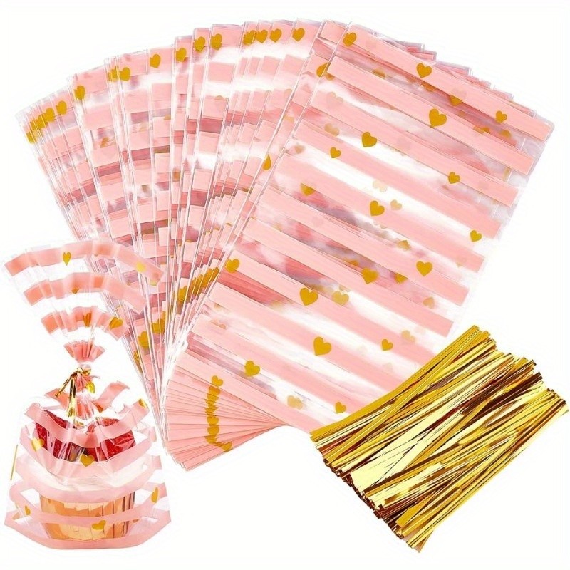 

100 Pcs Pink Stripes and Hearts Pattern OPP Bag with Ties for Cookies Candy Popcorn Birthday Party Favor Bags Gift Giving
