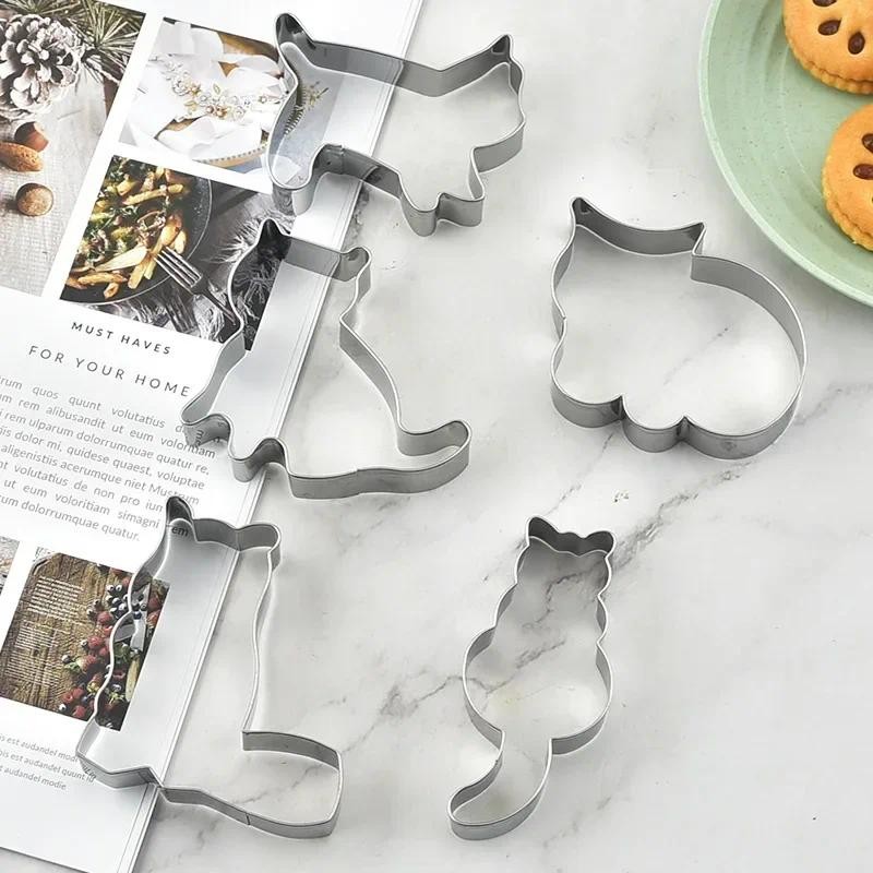 Stainless Steel Cat Cookie Mousse Ring Mold 5-piece DIY Printed Baking Press Tool Baking  Baking Too