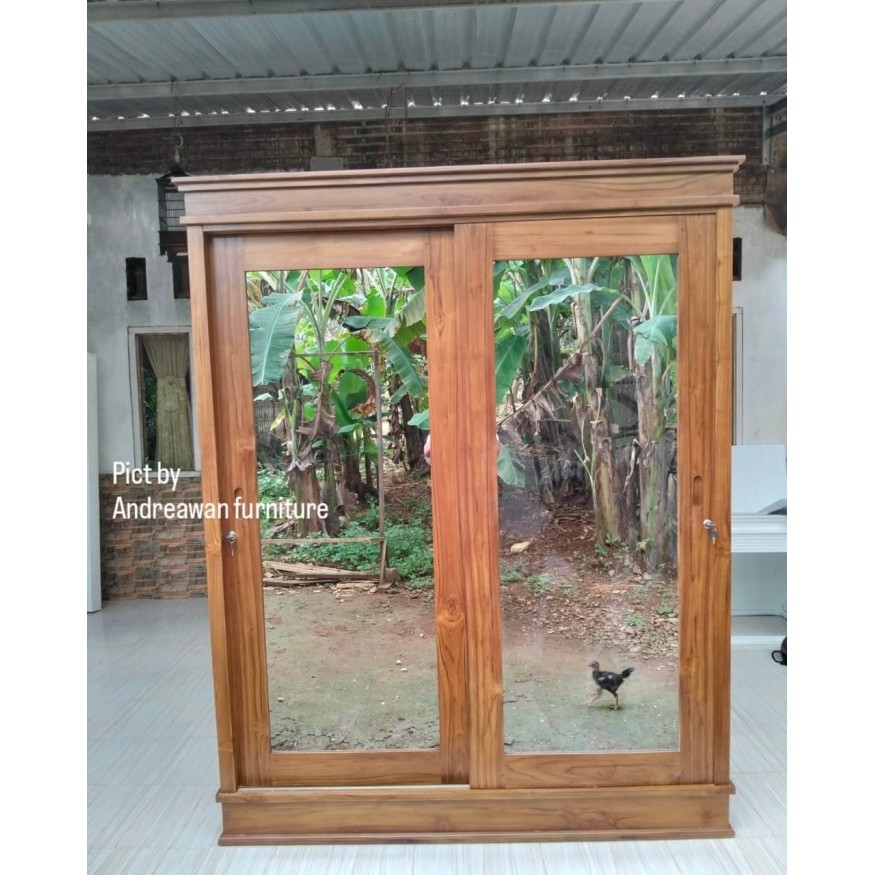 Lemari Pakaian Sliding Kayu Jati Pintu Kaca Cermin Model By Custom