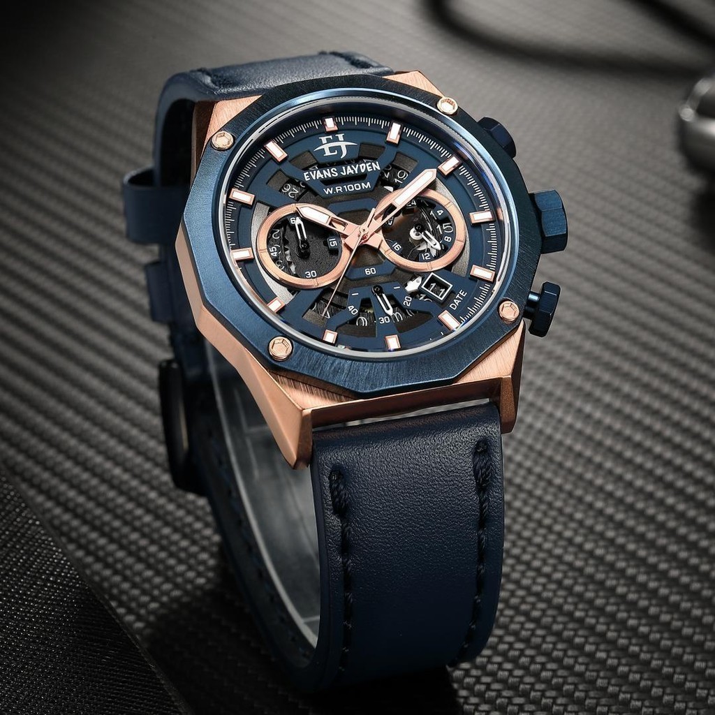 Terlaris Evans Jayden Jam Tangan Pria 9583 Kulit Kaca Sapphire Chrono 10 ATM