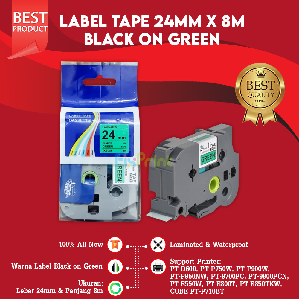 

Compatible Label Tape Black On Green 24mm TZE-751 Casette Laminated Compatible