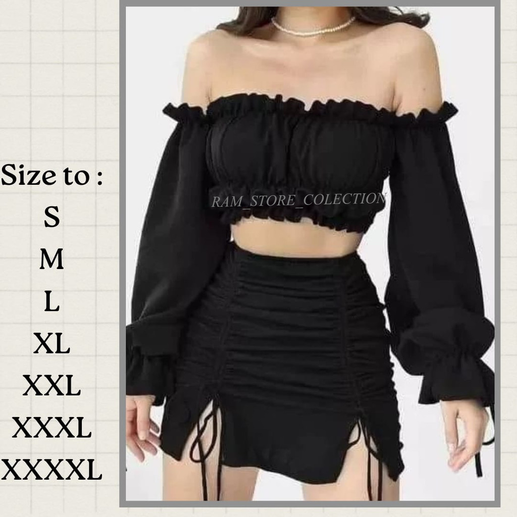 Syaina Set/ Setelan Sexy Korean Look/ Setelan Pantai/ Crop Top Sabrina Serut Mix Hot Skirt/ Ootd Sex
