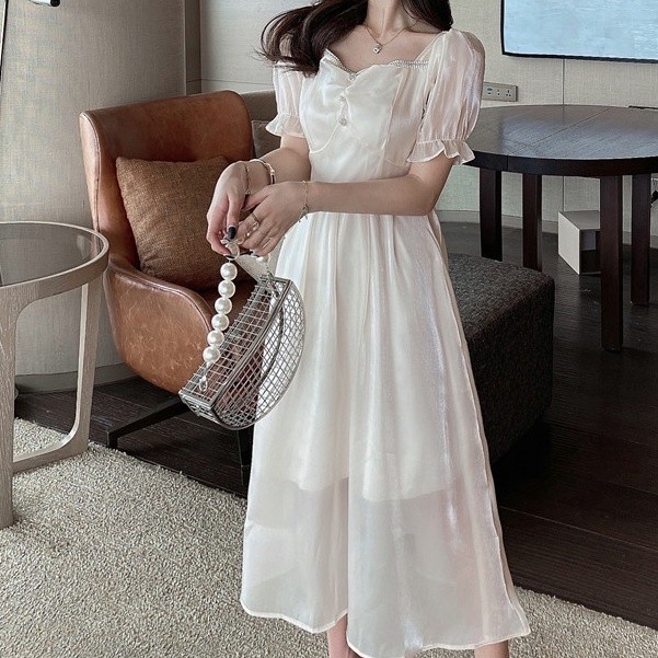 baru dress brukat korean style putih wanita korea sutra high-end long dress/dress korea/dress putih/