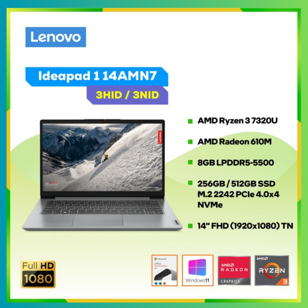 Laptop Lenovo IdeaPad 1 14AMN7 RYZEN 3-7320U 8GB 256GB 14" FHD Office Home Business + Windows 11 Original