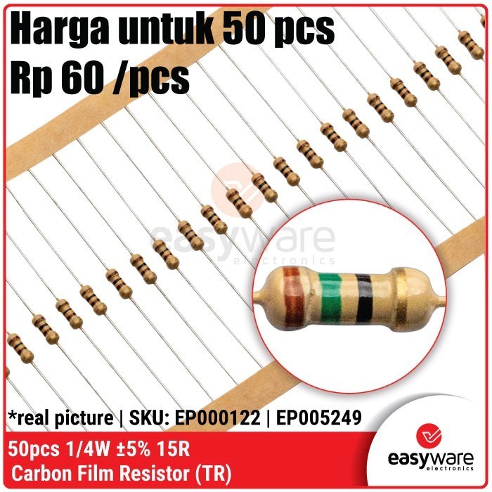 DS99 50pcs Resistor 15 Ohm 1/4W 5% Carbon Resistor 15R 0.25W 0.25 Watt Resistor 5%