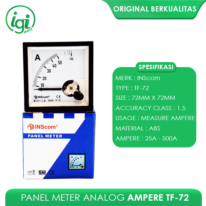 PANEL METER ANALOG AMPER DIRECT 72X72 JARUM 50A - 500V INSCOM - 25A