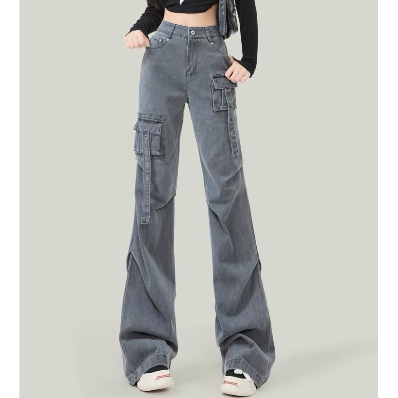 Jeans kerja wanita pinggang tinggi, jeans pacar, celana kargo wanita, jeans kaki lurus pinggang ting