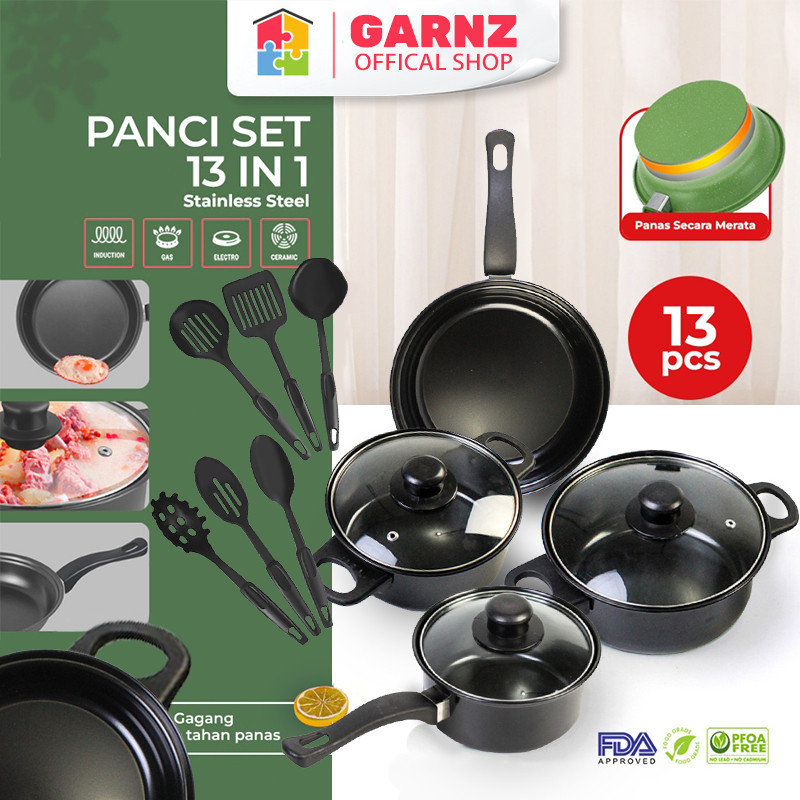 Panci Set 13 Tutup Kaca Serbaguna panci set lengkap stainless steel/Cookware Panci Set