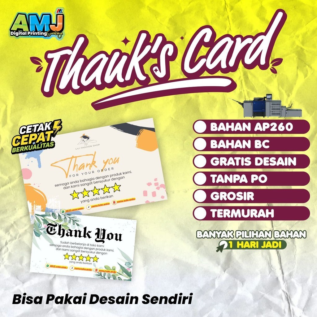 Thank You Card Custom / Thank You Card Olshop / Thank You Card Souvenir / Kartu Ucapan Terima Kasih