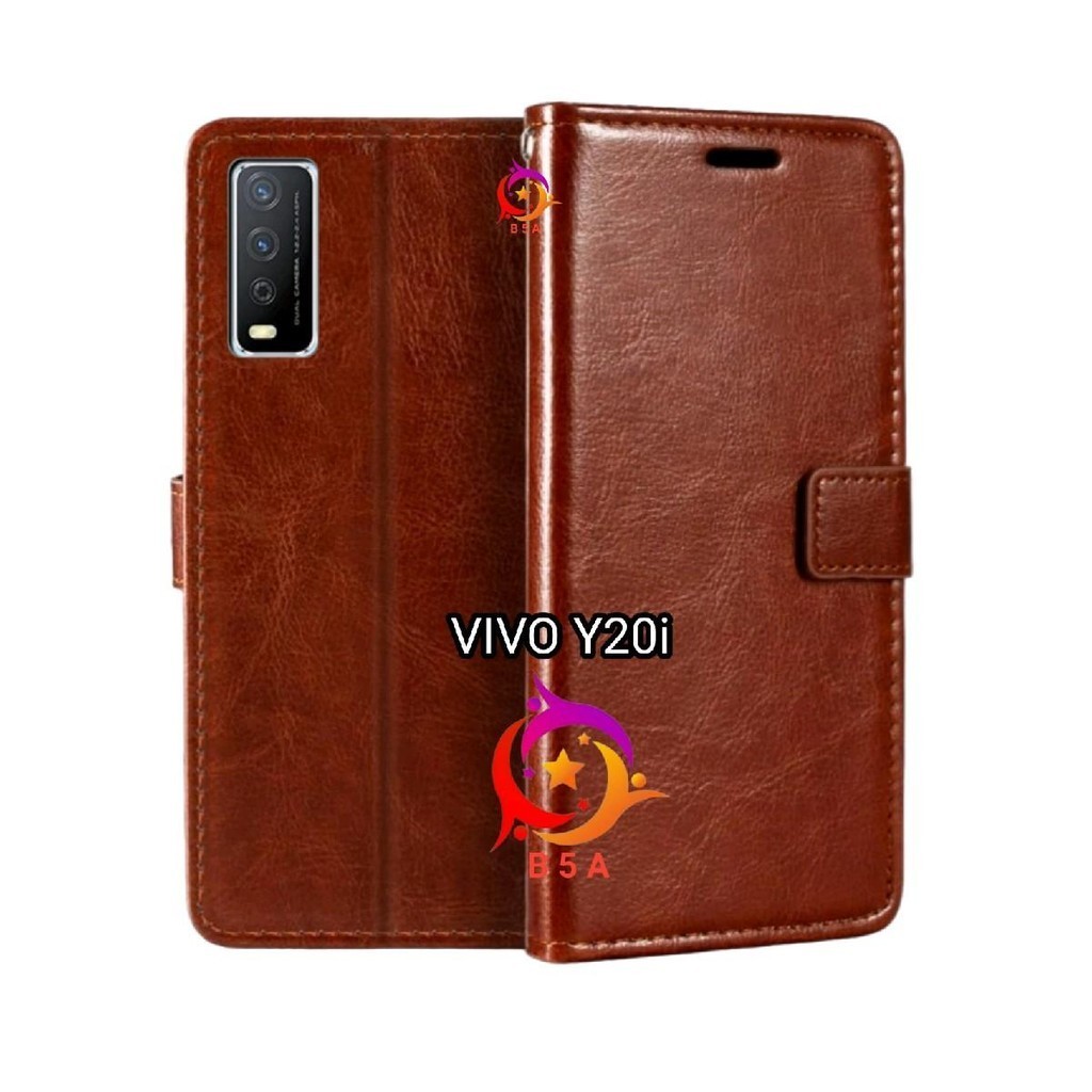 Case VIVO Y20I Flip Cover Wallet Leather Casing Dompet Kulit ( Case Untuk-Vivo Y20i ) Slot Card Warn