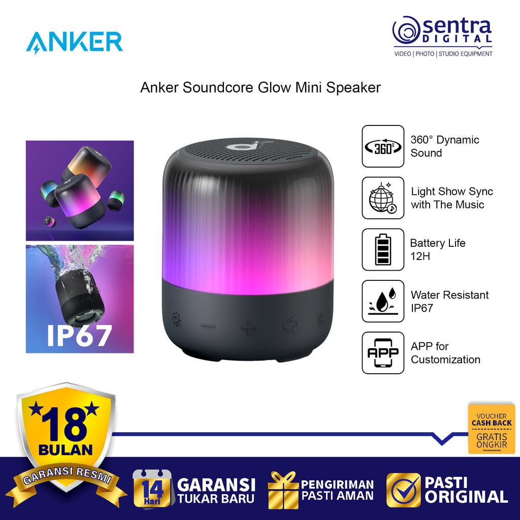 Anker Soundcore Glow Mini - Speaker Bluetooth 360° Surround Sound, IP67 Waterproof, Hitam