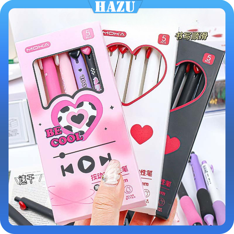 

【5pcs】Set Pulpen Gel Lucu Heart Pen Kawaii Aesthetic 0.5mm Pulpen Lucu Retractable Gel Pens Pen Mekanik Tinta Hitam