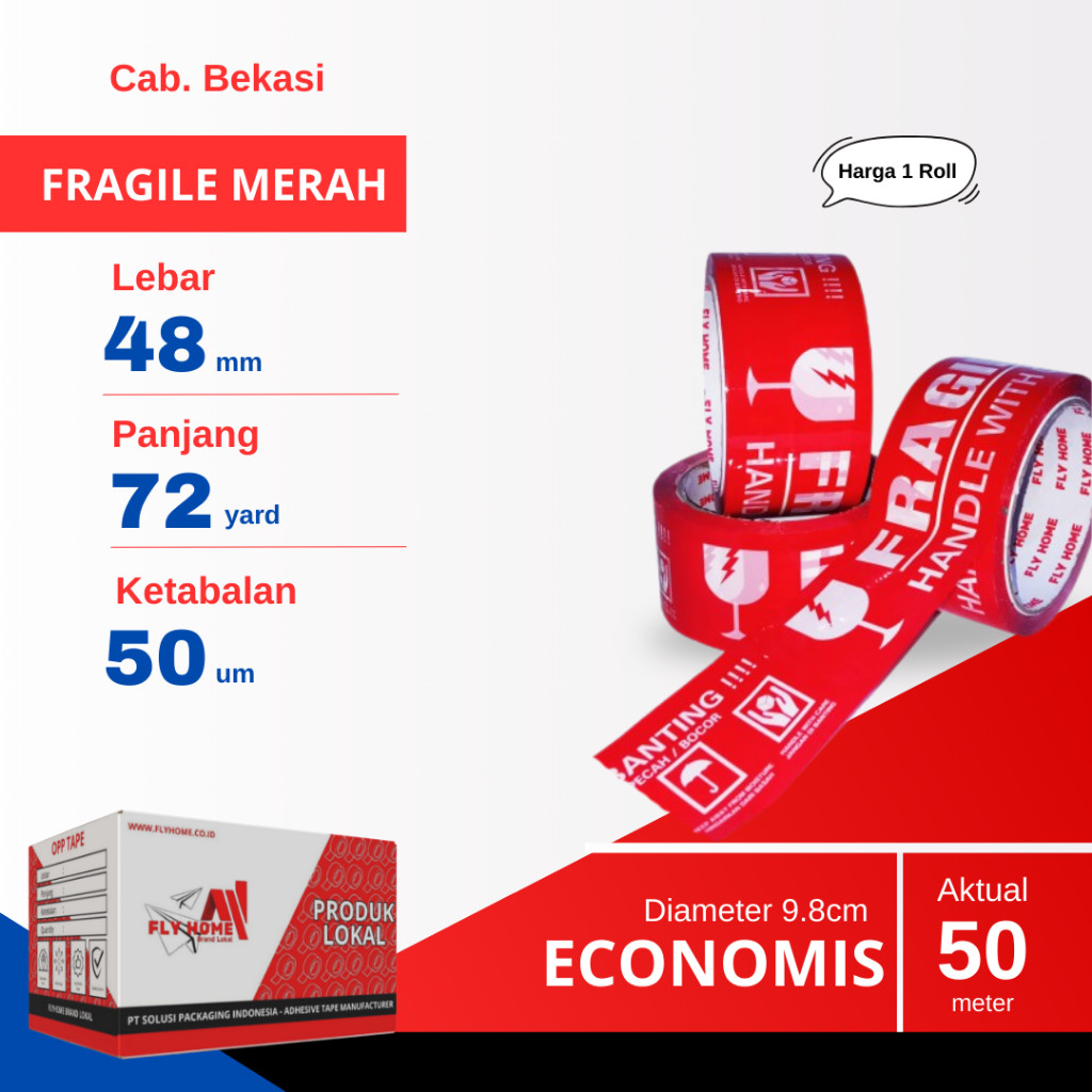 

FLYHOME 1Dus Lakban Fragile Merah 48x72Y 2inci Uk Besar 72Roll ECO 72 Yard CARGO