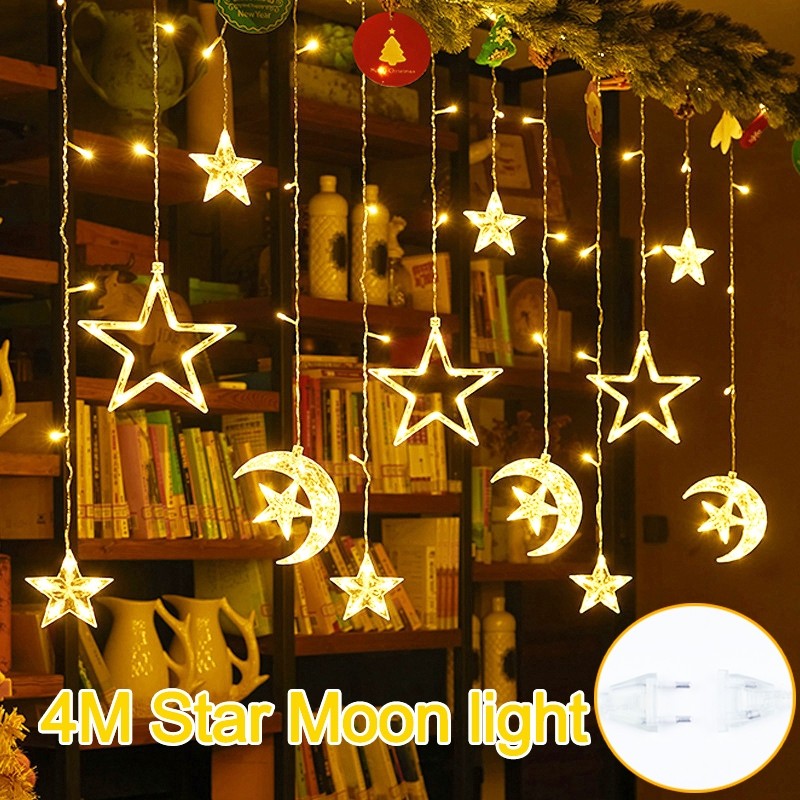 HQ45   [Ledlight] Lampu Tirai Bulan Bintang Starmoon Fairy Light 4 Meter Kelap Kelip Tirai