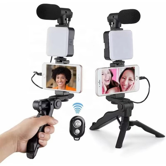 Set Paket Lengkap 5in1 Video Making Kit AY-49 Mikrofon Lampu Led Vlogging Kit Tripod Vlog Video Shooting Lightning Shotgun Microphone Remote Bluetooth Mini Tomsis Handheld Profesional Live Streaming Travel Lampu LED 49r Flash Mic Handle Tripod Sound Recor
