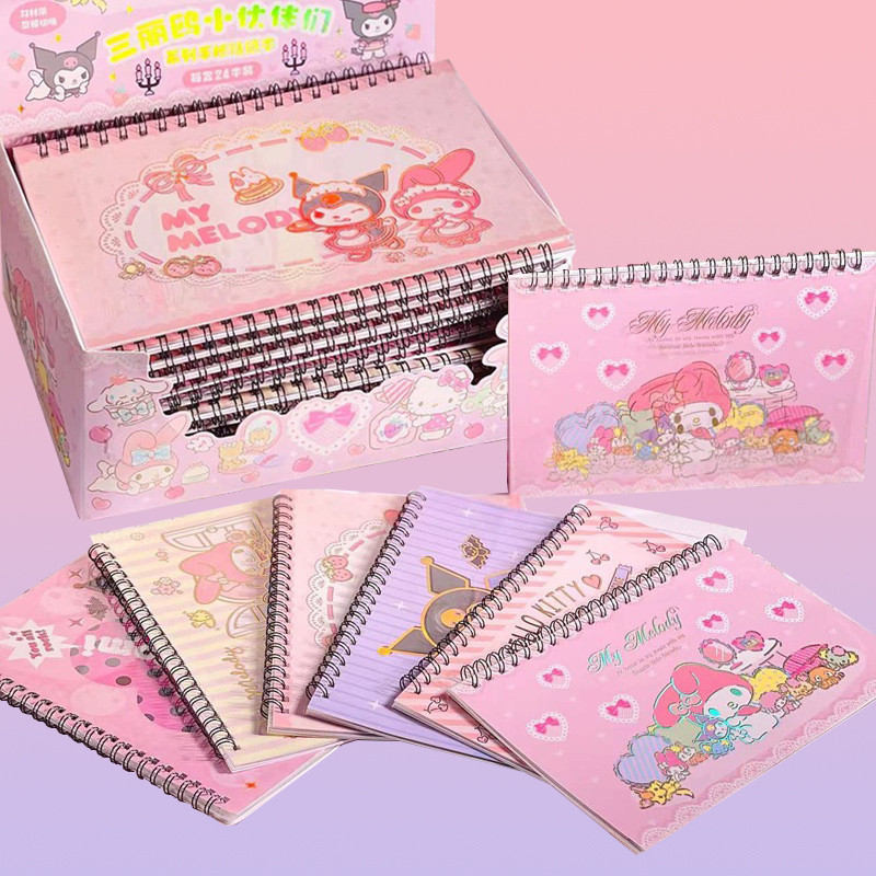 

24pcs Sanrio Stickers Coil Book Kawaii Kuromi Melody Transparent Paper Handbook Sticker Material Stationery wholesale Kids Toys