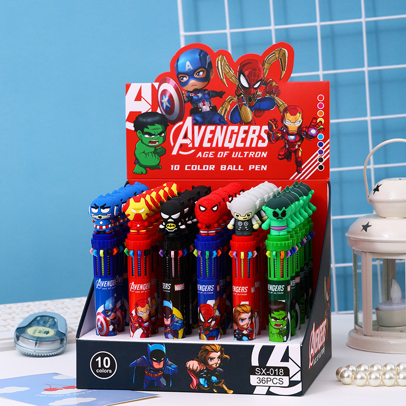 

6-36pcs Cartoon Superhero Avengers 10 Colors Ballpoint Pen Press Pen Colored Markings Multifunctional Stationery Wholesle