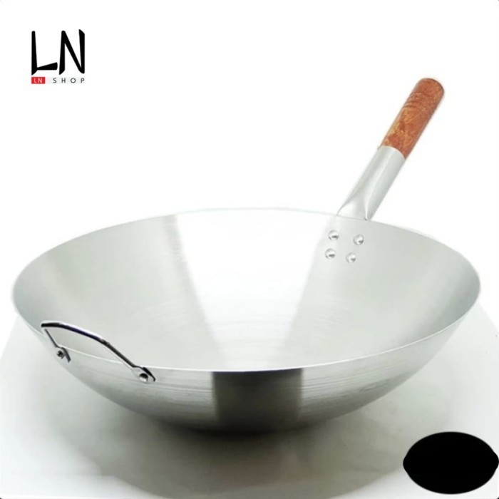 Kuali Stenlis Gagang Kayu 40cm | Wajan Stainless Steel