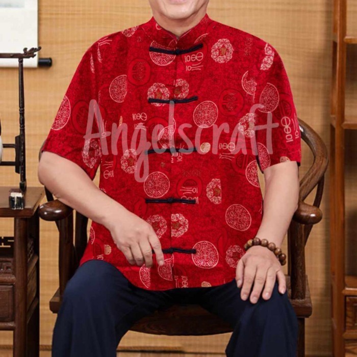 promo ✨ -KEMEJA CHEONGSAM IMLEK PRIA REMAJA DAN DESA MOTIF COIN EMAS SATIN - L