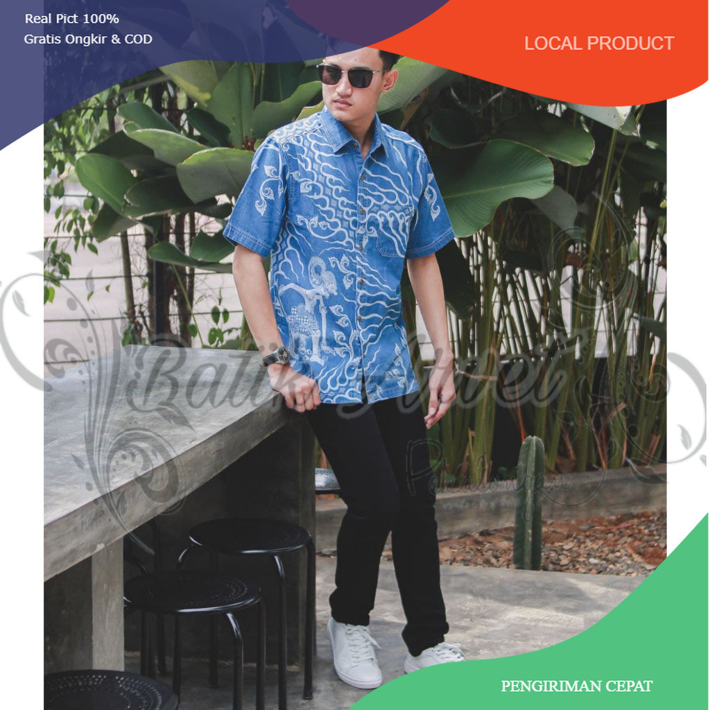 Hem Batik Denim Jeans Motif Wayang Langit Biru Muda Hem Kemeja Batik Pria HRB026 Terbaru 2020 Modern