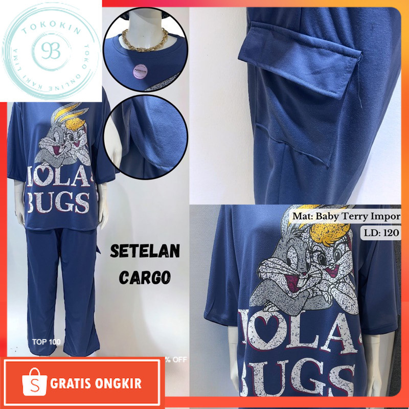 One Set Kekinian / KAOS ELDA LABEL SETCEL MOTIF SET CARGO DAN DRESS OVERSIZE ELDA MURAH JUMBO