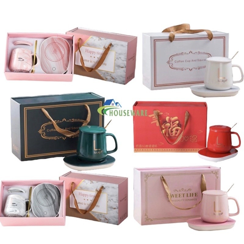 HOUSEWARE - GELAS SET KERAMIK LENGKAP DENGAN ALAT PEMANAS CANGKIR 55 DERAJAT PENGHANGAT KOPI AND TEH