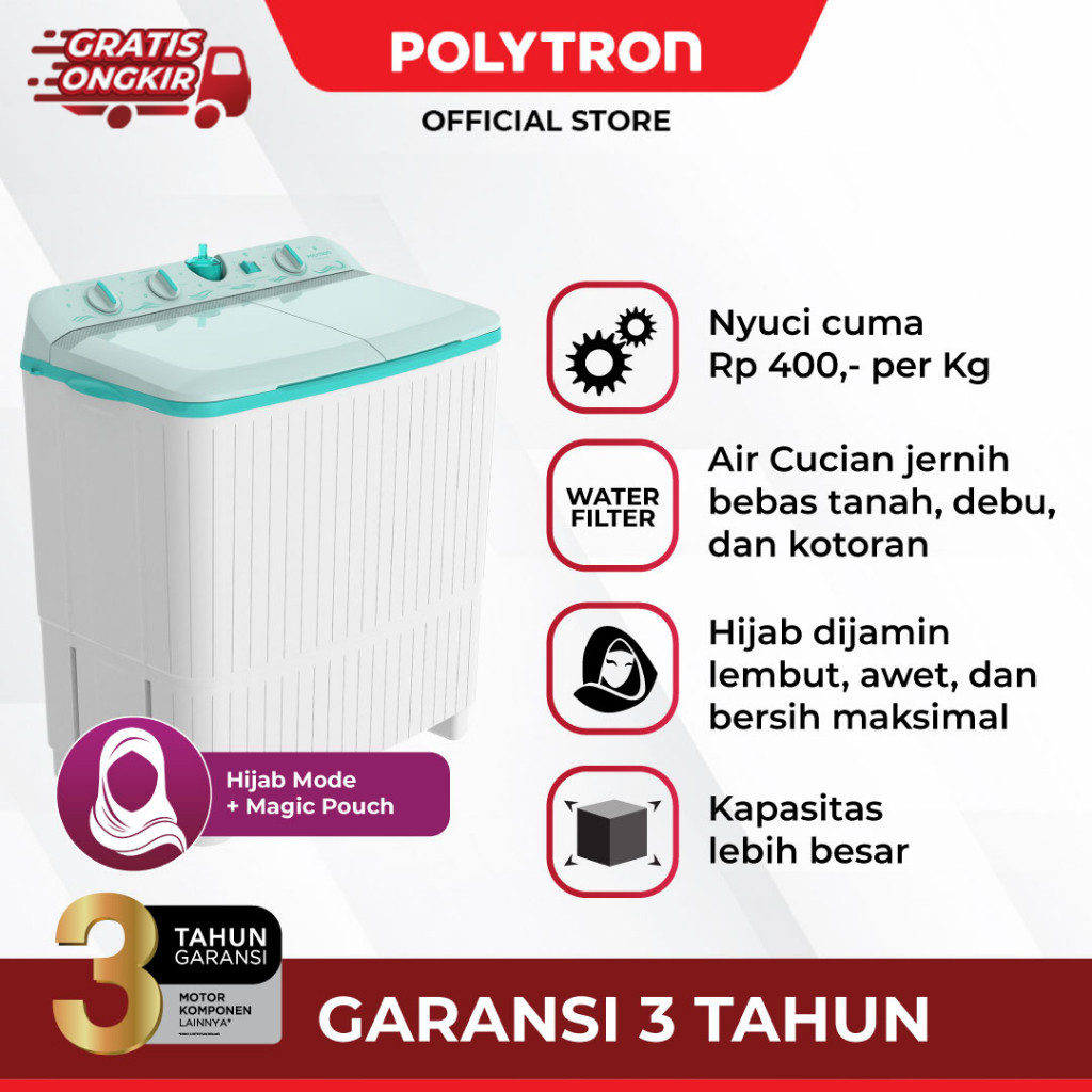 POLYTRON Mesin Cuci 2 Tabung Giant Series Hijab 8 KG - PWM 8076G