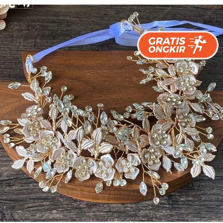 Terlaris ~Headpiece Roze - Headpiece Lentur Pengantin - Headpiece Mutiara Bunga Daun - Hiasan Hijab 